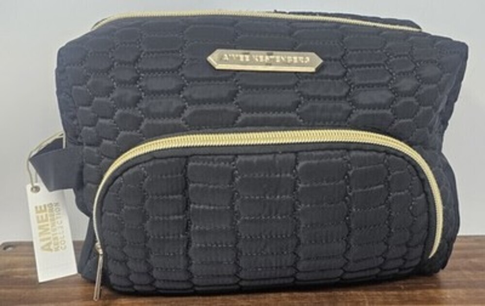 Aimee Kestenberg Large Isabela Black Gold Quilted Cosmetic Toiletry Travel Bag